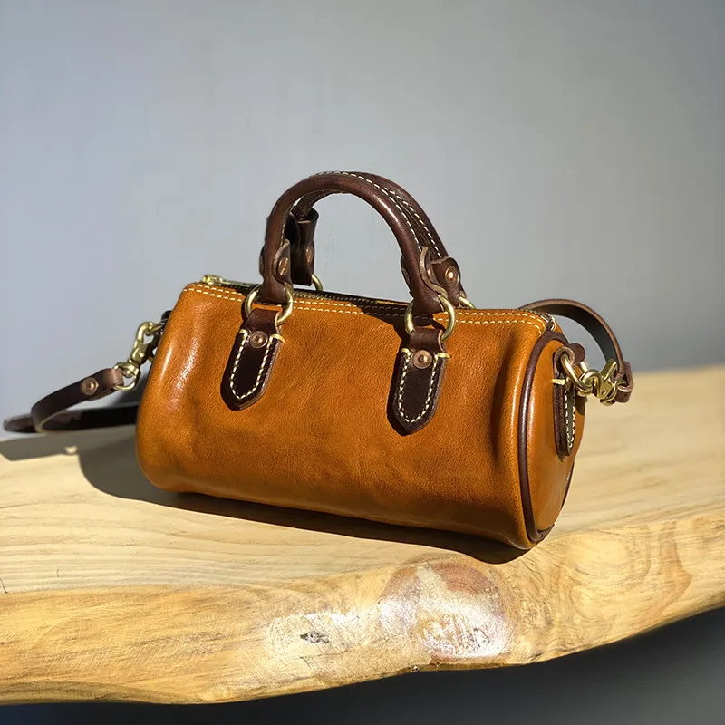 Vintage fashion high quality natural genuine leather Woman small cylinder handbag outdoor work weekend shoulder diagonal bag - AliExpress Women's Handbags