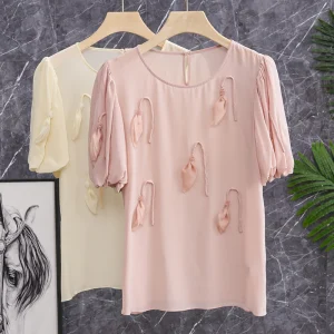 Elegant Floral Embroidery Silk T-Shirt Women's Summer Short Sleeve Top Comfortable to Wear round Neck Button Detail Straight Cut - AliExpress Shirts & Blouses