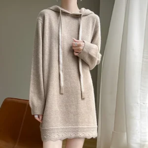 100% Pure Wool Mid-Length Hooded Pullover | Solid Color Women's Sweater Warm Knitwear - AliExpress Sweaters&Jumpers