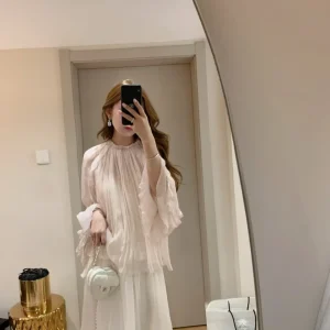 Elegant Long Sleeve Pink Lace Shirt Romantic Ruffle Hem Homebody Women's Fashion Silk Polyester Blend Comfortable Breathable - AliExpress Shirts & Blouses