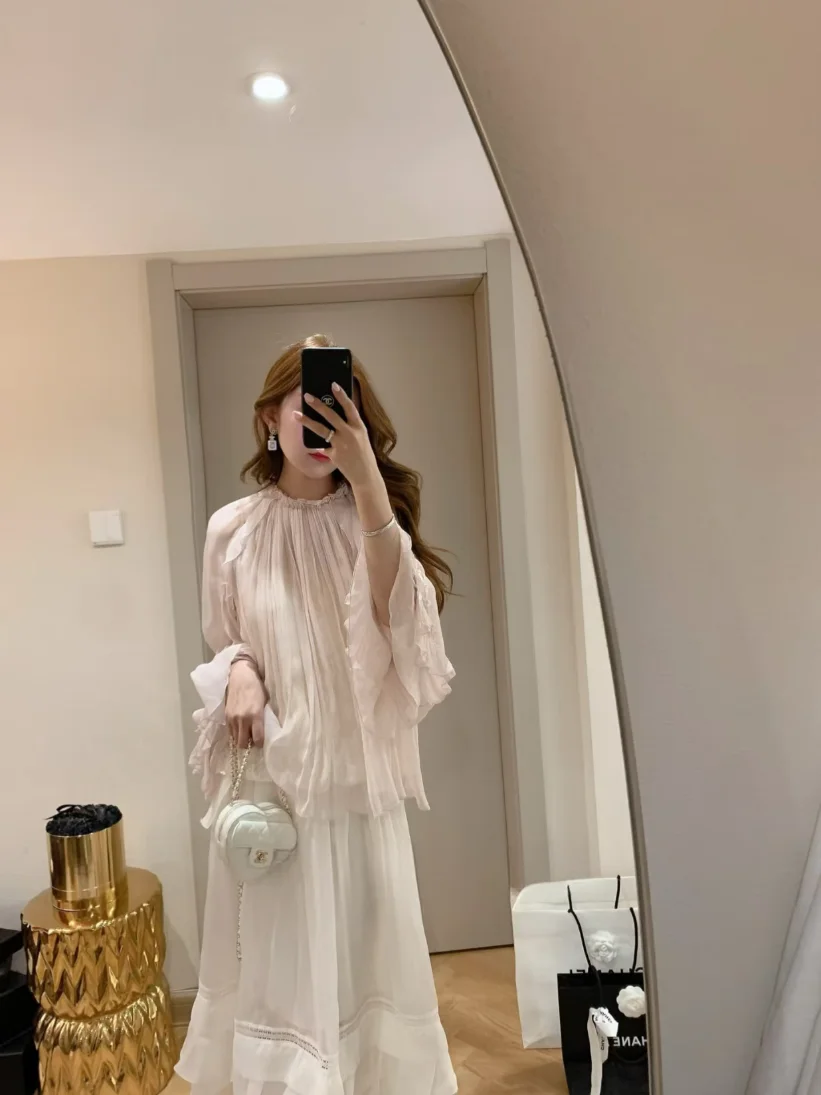 Elegant Long Sleeve Pink Lace Shirt Romantic Ruffle Hem Homebody Women's Fashion Silk Polyester Blend Comfortable Breathable - AliExpress Shirts & Blouses