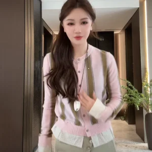 Le Language Spring Casual Loose Slimming Breathable Striped Woolen Knitted Jaet Women's Straight Tube Long Sve Open Ca... - AliExpress Shirts & Blouses