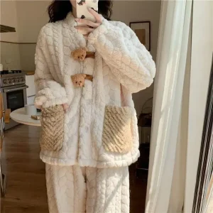 Double Bag Three-dimensional Button Bear Pajamas Women's Autumn and Winter Fleece Thickened Warm Coral Fleece Loungewear Set - AliExpress Women's Sleep & Lounge
