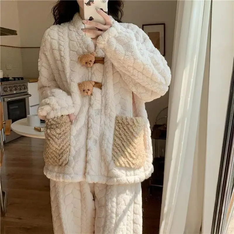 Double Bag Three-dimensional Button Bear Pajamas Women's Autumn and Winter Fleece Thickened Warm Coral Fleece Loungewear Set - AliExpress Women's Sleep & Lounge