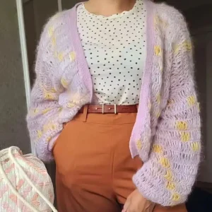 Colorful mohair cardigan sweater thin short top crochet bubble sleeves knitted fabric for women in the spring and autumn of 2025 - AliExpress Sweaters&Jumpers