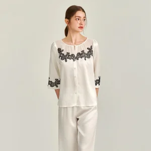 22MM 100% Mulberry Silk Women Pajama Sets Lace Patchwork 3/4 Sleeve Shirt & Pants 2 Piece Set Nightwear Summer Casual Home Wear - AliExpress Women's Sleep & Lounge