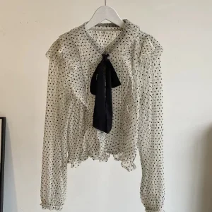 Sweet Polka Dot  Knot Tied Waist Gown Vintage Court Style Long Sleeve Women's Shirt Polyester Fiber Bubble Sleeve - AliExpress Shirts & Blouses