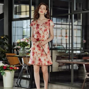 Printed 100% Mulberry Silk Short Sleeve Mini Sleep Dress Women's Summer Satin Pajamas Nightgown Loungewear One Piece Sleepwear - AliExpress Women's Sleep & Lounge