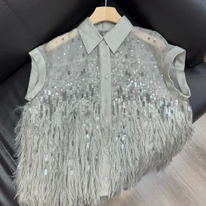 High-end 2026 Summer New Women's Heavy-Duty Lapel Sleeveless Feather Design Silk Vest Shirt - AliExpress Shirts & Blouses