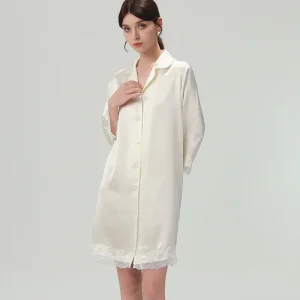 19MM 100% Mulberry Silk Chemise Nightshirts Lace Trim Button Down Lapel Nightdress Long Sleeves Sleepshirt Homewear Nightgown PJ - AliExpress Women's Sleep & Lounge