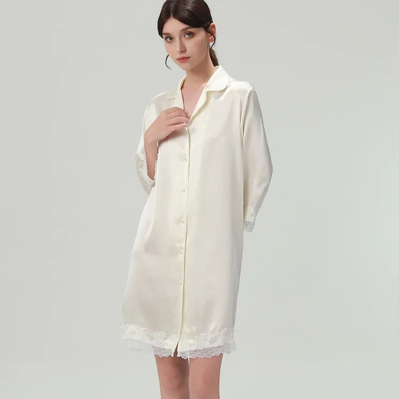 19MM 100% Mulberry Silk Chemise Nightshirts Lace Trim Button Down Lapel Nightdress Long Sleeves Sleepshirt Homewear Nightgown PJ - AliExpress Women's Sleep & Lounge