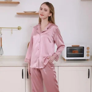 19MM Natural Mulberry Silk Pajama Set Lace Trim Long-sleeved Pyjamas Button Down Lapel Cardigan Pajamas Two Pieces Loungewear PJ - AliExpress Women's Sleep & Lounge