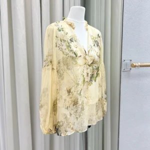 2026 Women Flower Print Shirt Ruffled Spliced V-Neck Lantern Sleeve Loose Elegant 100% Silk Blouse Top - AliExpress Shirts & Blouses