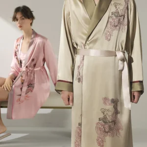 100% Mulberry Silk Printed Robe Couple Pajamas Set Women's Luxury Satin Kimono with Slip Nightdress Loungewear Men's Sleepwear - AliExpress Women's Sleep & Lounge