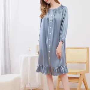 19MM 100% Mulberry Silk Plus Size Cardigan Nightdress Ruffle Button Down Lapel Nightgown Women Long Sleeve Sleepshirt Midi Dress - AliExpress Women's Sleep & Lounge
