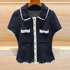 High-End European Sle Women's Knitted Top Hollow out Waist-Cinching Color Blo ort Coat Vintage Commute Sle  Collar - AliExpress Sweaters&Jumpers