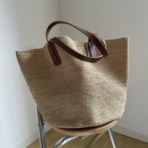Large Natural Raffia Tote Bag, Handcrafted Crocheted Carryall with Leather Handles,Women's Shoulder Handbags - AliExpress Women's Handbags