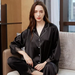 French Style Heavy Silk Pajamas Set for Women Lace Trim Long Sleeve Top & Pants 100% Mulberry Silk Cardigan Pajama Nightwear PJS - AliExpress Women's Sleep & Lounge