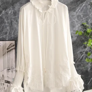 Elegant Lace Bell Sleeve Shirt with Bow Detail Wooden  Flower Bud Collar Heavy Embroidery Original Design Loose Fit Women... - AliExpress Shirts & Blouses