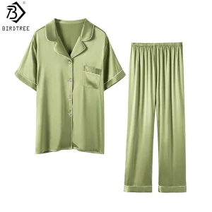 Birdtree 19MM 93%  Silk 7% Spandex Female Pajama Suits,Long Top and Pant Silk Pajama Sets M-XL Pijama Home Suit S59204JF - AliExpress Women's Sleep & Lounge