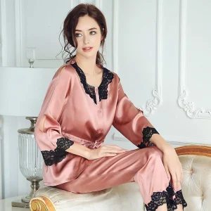 Women's Lace Trim Silk Pajamas Set Two Piece Outfit 100% mulberry silk Sexy Waisted Top with Pants Loungewear Satin Sleepwear PJ - AliExpress Women's Sleep & Lounge