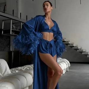 2026 Women's High End Imitation Silk Three Piece Loungewear Set Featuring Feather Robe Pajama Shorts Autumn Winter L Size Sexy - AliExpress Women's Sleep & Lounge
