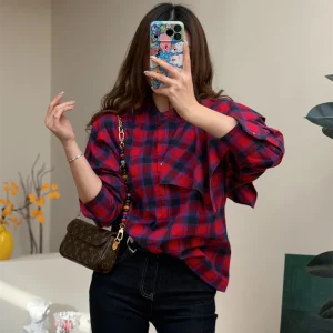 Retro Red And Blue Plaid awl Wrap Loose Long Sve Cotton irt with Sa for Women Breathable Comfortable Winter Faion - AliExpress Shirts & Blouses