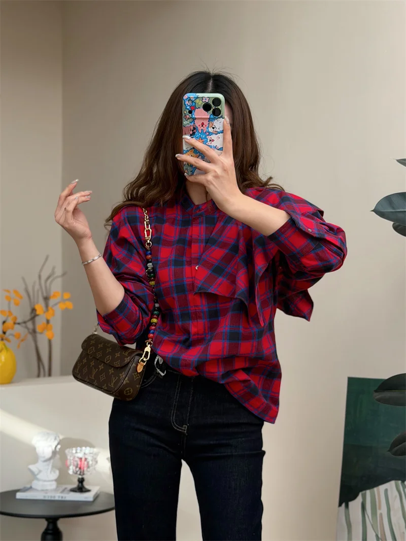 Retro Red And Blue Plaid awl Wrap Loose Long Sve Cotton irt with Sa for Women Breathable Comfortable Winter Faion - AliExpress Shirts & Blouses