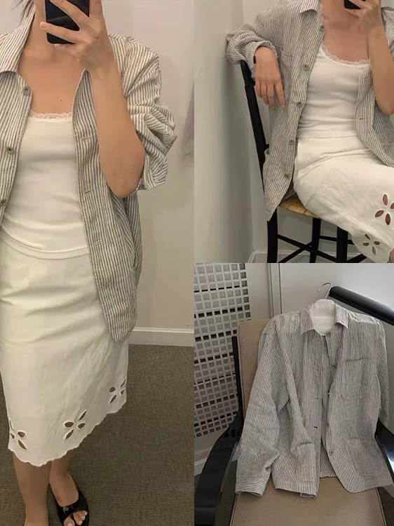 Women's Linen Work Shirt Long Sleeve Collared Breathable Loose Sun Protection Outerwear Striped Dongda Gate Style Summer Fashion - AliExpress Shirts & Blouses