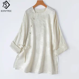 Birdtree, 25% Silk 75% Wool Jacquard Blouse, O-neck Slanted Placket, Chinese Style, Women Guanle Crepe Shirt, 2026 New T67015JF - AliExpress Shirts & Blouses