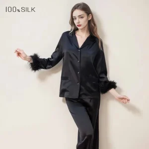 Women 19 Momme 100% Mulberry Silk Pajamas Set Feather Trim Luxury Loungewear Outdoor Casual Sleepwear Spring Summer - AliExpress Women's Sleep & Lounge