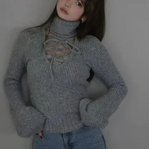 Japanese Style High Neck Sweater for Women New Autumn and Winter Lace-Up Hollow Lantern Sleeve Knitted Sweaters Top Femme - AliExpress Sweaters&Jumpers