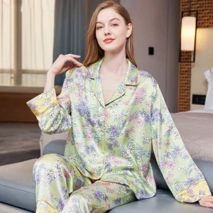 Floral Silk Pajama Set Women's 100% Mulberry Silk Long Sleeve & Trousers Loungewear Romantic Lapel Pajamas Button Down Homewear - AliExpress Women's Sleep & Lounge