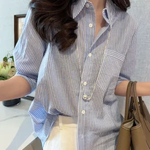 Chic Blue White Striped Casual Cotton Shirt Women's Loose Fit Collar Five Sleeve Pure Cotton Attractive Outfit - AliExpress Shirts & Blouses
