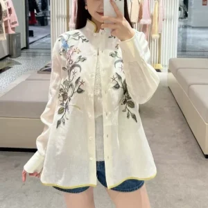 2026 New Arrival Women's Beige Linen Shirt Fashion Vintage Stand Collar Long Sleeve Embroidered Tops - AliExpress Shirts & Blouses