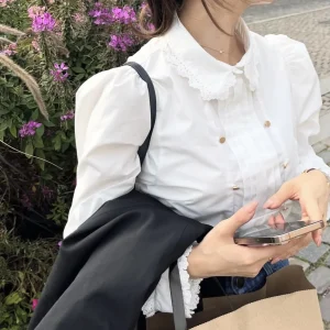 French Lace Embroidered Lace Collar Double-Breasted Small Gold Button Long Sleeve Shirt Women's Tops White Shirt - AliExpress Shirts & Blouses