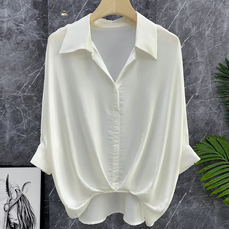 Silhouette Batwing Short Sleeve White Heavyweight Silk Shirt Silk Women's Top Commute Style Collar But... - AliExpress Shirts & Blouses