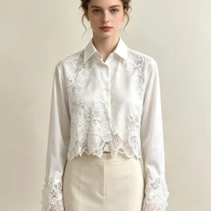 2026 Autumn White Cropped Women Blouse Lapel Collar Hollow Out Embroidered Lace Casual Shirt Elegant Daily Top - AliExpress Shirts & Blouses