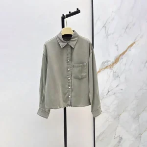 2026 high-quality women's gray coffee fine vertical stripe shirt with a loose hanging collar--hb727 - AliExpress Shirts & Blouses