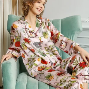 Printed Women's Silk Pajamas Spring 100% Mulberry Silk Long Sleeve Pants Two Piece Sleepwear Set Button Down Lapel Pijama Suit - AliExpress Women's Sleep & Lounge