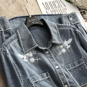 Washed Denim Long Sleeve Shirt Women's Original Design Straight Cut Button Detail Embroidery Decoration Grey Silk Cotton Blend - AliExpress Shirts & Blouses