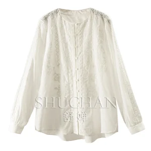 Luxury beauty fairy cabinet high quality silk cotton hollow lace embroidered crew neck shirt H women 15W0 - AliExpress Shirts & Blouses