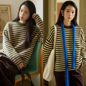Soil Stone Pure Wool Oversized Soft Sweater Casual Sle Color Blo Striped round Ne Pullover Women's Thi Long Sve Top - AliExpress Sweaters&Jumpers