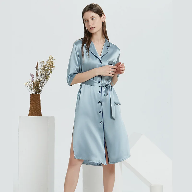 Women 100% Mulberry Silk Nightgown Lapel Collar Half Sleeve Belted Midi Silk Sleep Dress Side Slit Luxury Silk Nightw - AliExpress Women's Sleep & Lounge