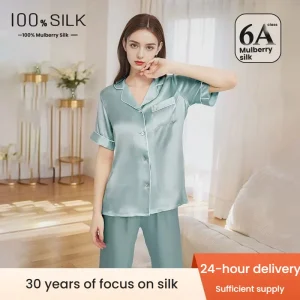 Luxury Silk Pajama Set Women Summer 100% Mulberry Silk Short Sleeve Long Pants Loungewear Outdoor Wear - AliExpress Women's Sleep & Lounge