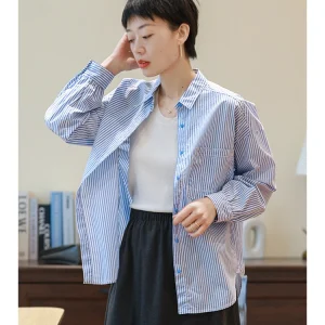 Spring 2026 Women's Vintage Blue Striped Cotton irt Loose Fit Breathable Long Sve Collar Button down White Stripes - AliExpress Shirts & Blouses
