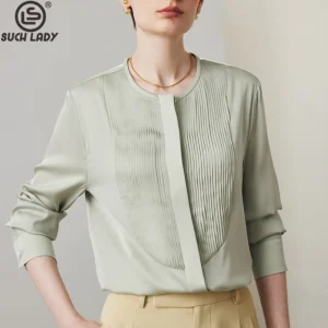 90% Natural Silk 10% Spandex Women's Shirt O Neck Long Sleeves Pleated Elegant Fashion Blouse - AliExpress Shirts & Blouses