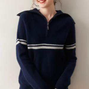 TLOML Women's 100% Cashmere Sweater Zipper Sailor Collar Pullover Cashmere Knitwear Autumn Winter Thicken Soft Loose Casual Tops - AliExpress Sweaters&Jumpers