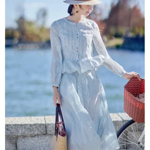 Light Blue Casual Long Sve irt Women's Ele Sle Spring Faion 2025 New Arrival Comfortable Loose Fit Embroidered Top - AliExpress Shirts & Blouses