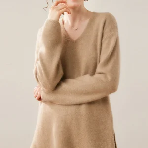 Women Mid-length 100% Cashmere Sweater Autumn Winter V-neck Thick Warm Knit Pullover Dress New Style Woman Casual Loose Blouse - AliExpress Sweaters&Jumpers